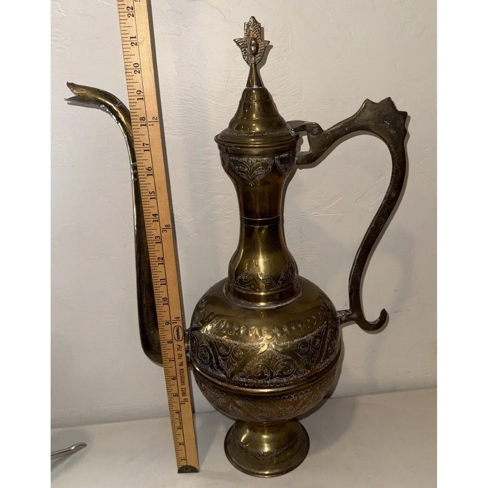 VTG LARGE HEAVY Brass Etched Aftaba Pot Ewer Pitcher 22